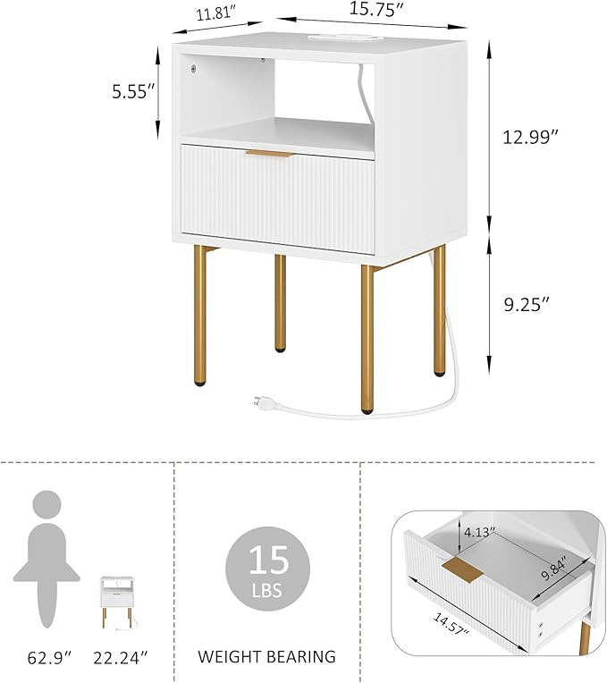 Nightstand with Charging Station,Morden Bedside Table with Gold Frame,Small White Night Stand,End Table,Bedside Furniture,Side Table with Drawer and Shelf for Bedroom,Living Room