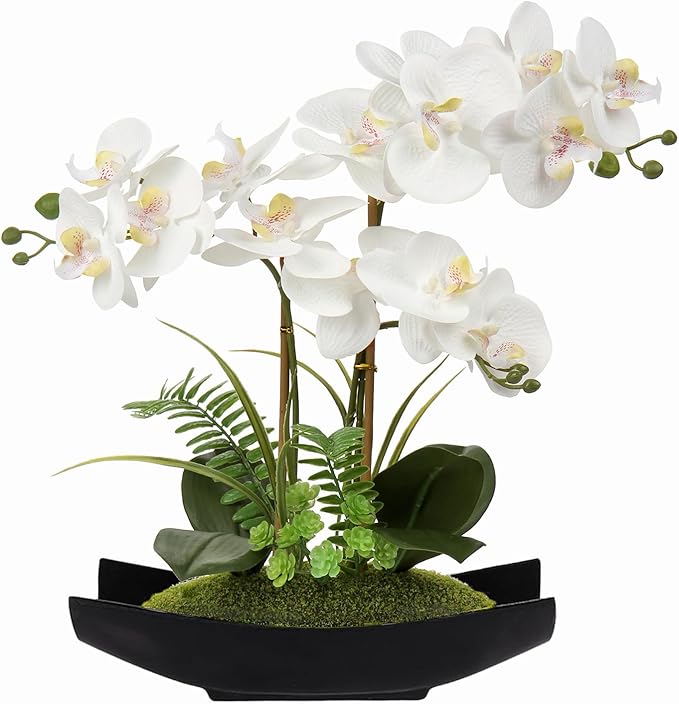 Briful Orchid Artificial Flowers 15in White Fake Orchid Silk Flowers with Black Pot Faux Phalaenopsis Arrangement for Home Office Room Table Centerpiece Modern Decor