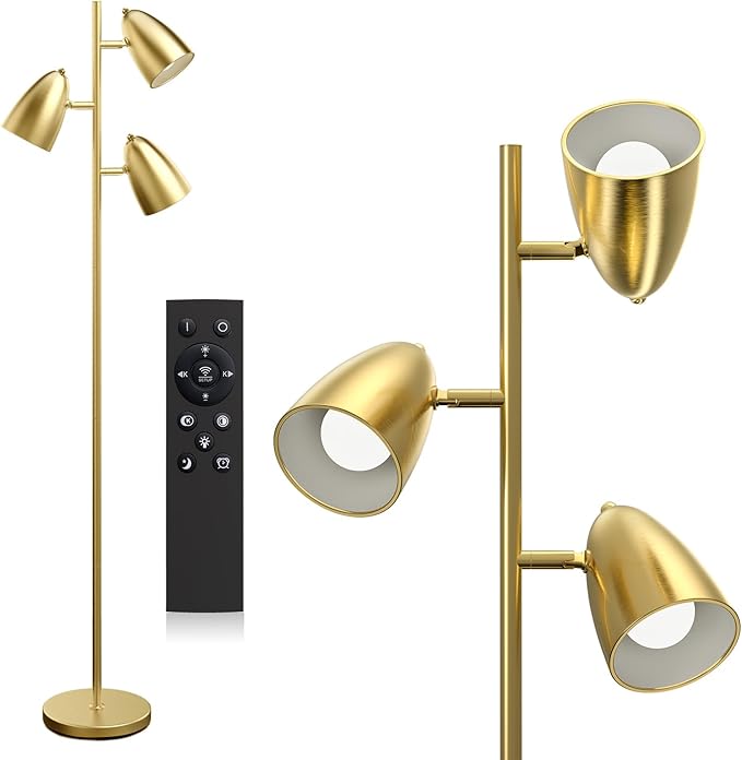 addlon Tree Floor Lamp with Remote, 3 Adjustable Rotating Light and Matching LED Bulbs, Standing Tall Pole Lamps for Living Room, Bedroom, Home, Office - Gold