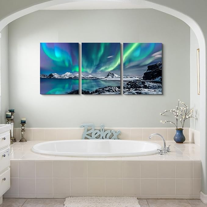 DZRWUBHS Canvas Wall Decorations For Living Room 3 Piece Stretched and Framed Canvas Paintings Office Wall Decor For Bedroom Bathroom Aurora Scenery Pictures Home Decor Print Artwork Ready To Hang