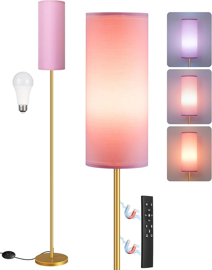 Dimmable Pink Floor Lamp for Living Room with Remote and Foot Switch, Corner Floor Lamp, 66'' Standing Tall Lamp, 10W 900LM Bulb Included, 3000K-6500K, Linen Shade, Gold Pink, FCC Listed DP06LD05W1