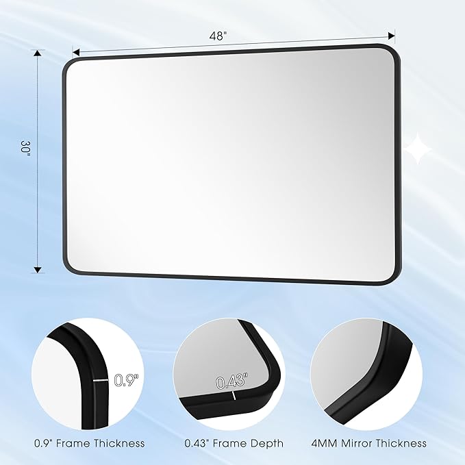 30x48 Inch Rectangle Bathroom Mirror with Black Metal Frame, Rounded Corner Rectangular Vanity Mirror for Wall, Modern Large for Bedroom, Living Room, Horizontal or Vertical