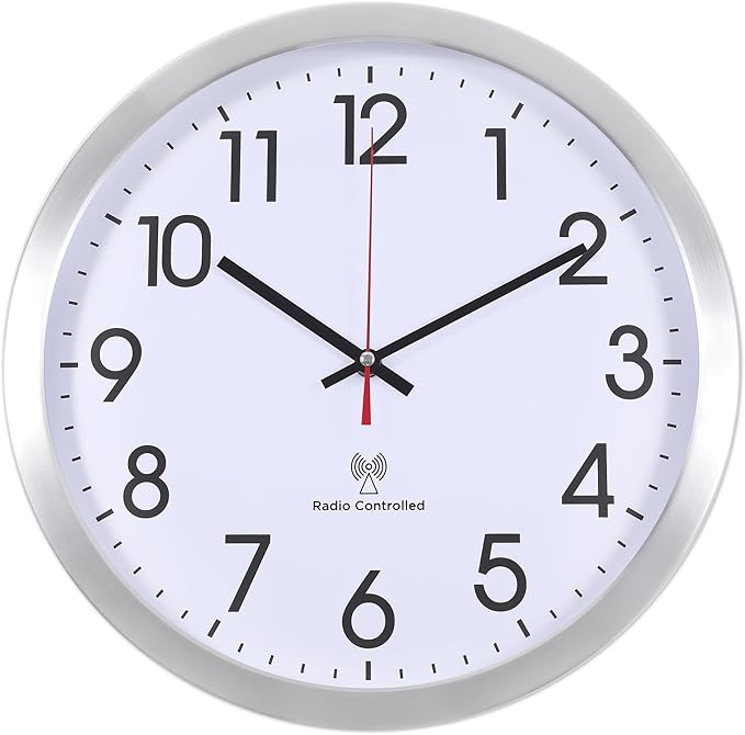 Atomic Analog Wall Clock, 14Inch Radio Controlled Sets Automatically WallClock, Aluminum Frame Wall Clock for Home School Office