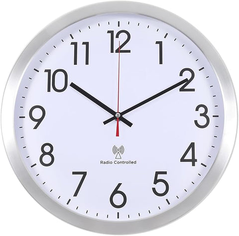 Atomic Analog Wall Clock, 14Inch Radio Controlled Sets Automatically WallClock, Aluminum Frame Wall Clock for Home School Office