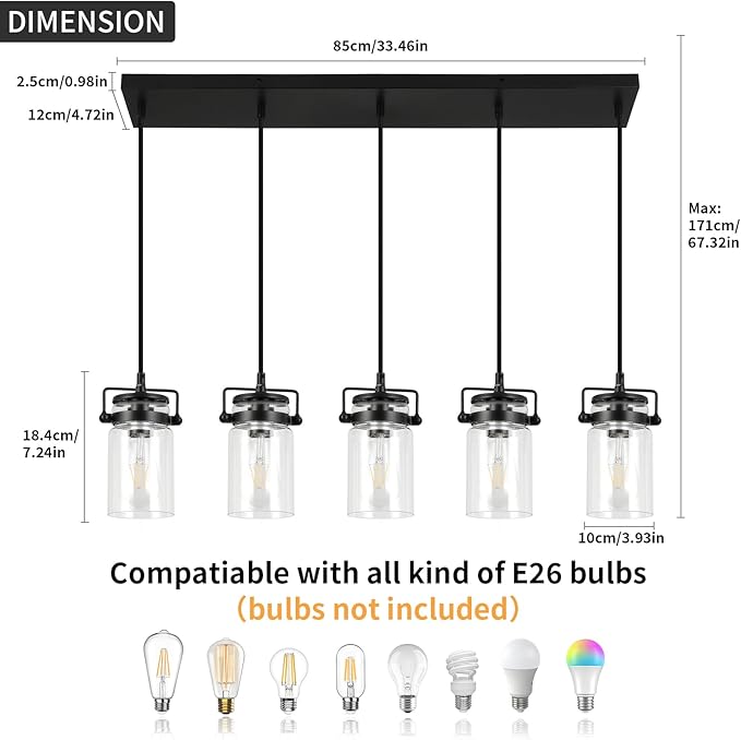 Pendant Lighting for Kitchen Island, Dining Room Light Fixture Black, 5-Light Hanging Linear Chandeliers with Clear Glass Shade Farmhouse Chandeliers for Dining Room(E26 Bulb Base)