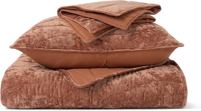 EVERGRACE Luxury Velvet Quilt Queen Size, Ultra Soft Wave Crushed Velvet Bedding Set, Lightweight Quilted Comforter Set for All Season, Oversized Bedspread Coverlet with 2 Shams, Burnt Orange
