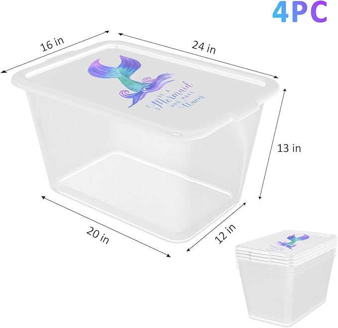 Storage Totes with Lids - Made in USA 14.5-Gallon (58-Quart) 4-Pack storage bins with lids plastic storage containers large storage boxes for Organizer Mermaid White/Clear