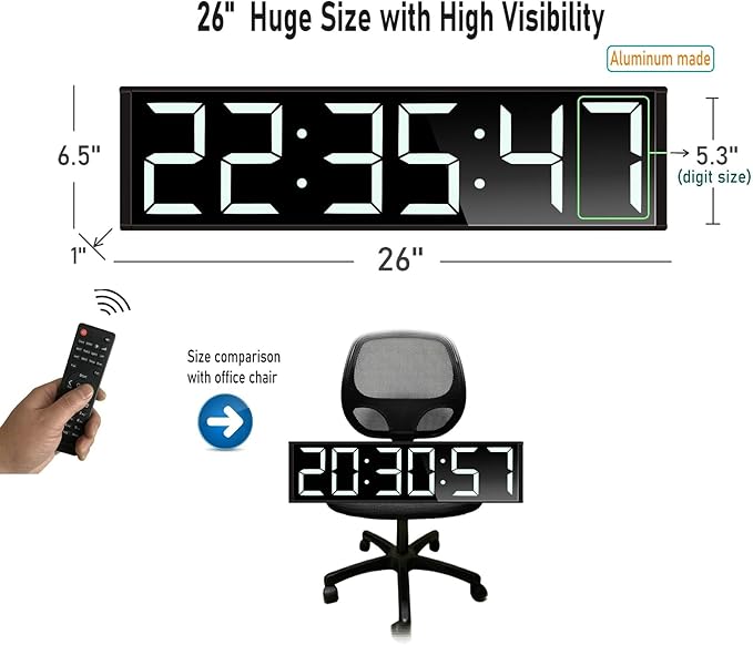 26'' Huge Digital Wall Clock, Home Gym Interval Workout Timers, with Countdown, Stopwatch, 7-Color Light, 8-Alarms, Calendar/Temperature Display, for HIIT/Tabata/FGB/EMOM (White)