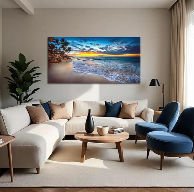 Large Sunset Beach Canvas Wall Art for Living Room Coastal Painting Wall Decor Seascape Picture Nature Ocean Artwork Poster Print for Office Bedroom Decoration 24"x48"