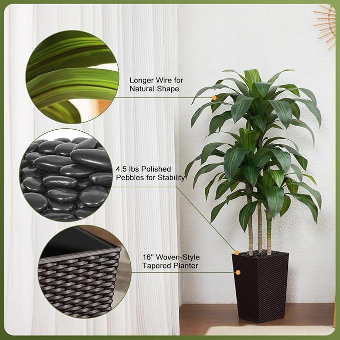 5FT Artificial Dracaena Tree - UV Resistant Faux Tropical Plant, Potted Fake Tree with Taper Planter & Pebbles - Indoor Outdoor Greenery for Home, Porch, Living Room, Bedroom Decor, VN127