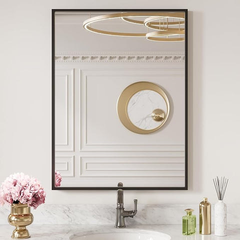 LOAAO 20"X30" Black Rectangle Bathroom Mirror Wall, Matte Black Aluminum Alloy Frame, Tempered Glass, Hangs Vertically or Horizontally, Easy to Install
