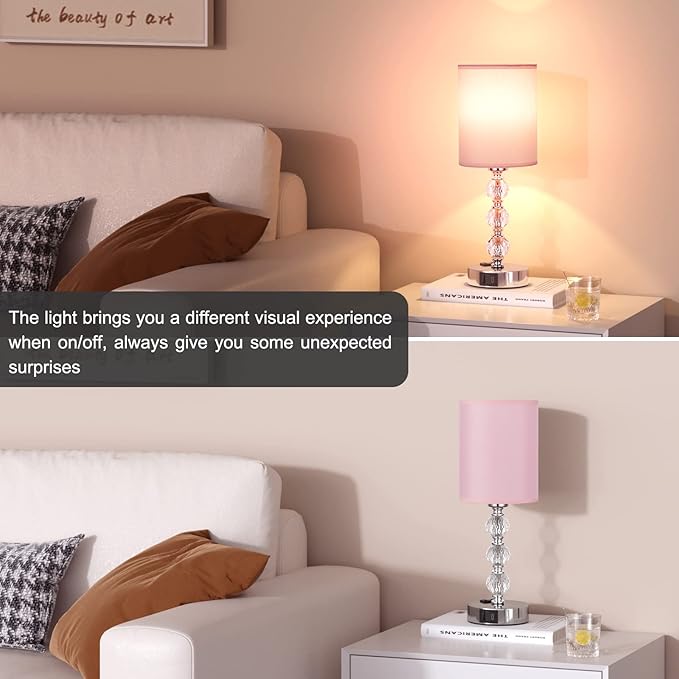 Pink Touch Bedside Lamps for Bedrooms - Crystal Table Lamp with USB C+A Charging Port and AC Outlet Nightstand, 3 Way Dimmable Silver Small End Side Table Lamp for Living/Guest/Dinning Room/Kitchen