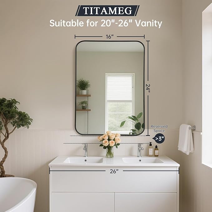 16x24 Inch Bathroom Mirror for Wall,Matte Black Framed Rectangle Mirror with Rounded Corner,Aluminum Alloy Framed Brushed Wall Mirror for Bedroom or Living Room,Vertical or Horizontal