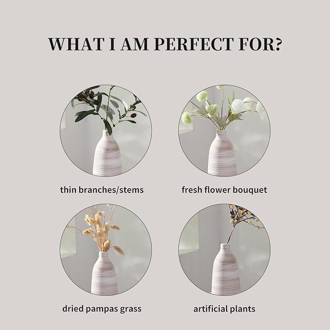 ALMA 2025 Updated 11in Tall White Beige Vase for Boho Home Decor, Thin Ceramic Vase for Single Rose, Pampas Grass, Decorative Rustic Vase for Flowers, Dining Table Centerpieces,Table Top Decoration