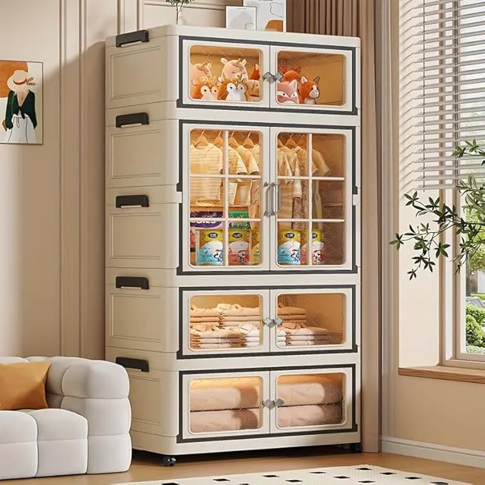 SunSettler Plastic Storage Bins with Lid, Stackable Containers with Wheels, Folding Storage Cabinets, Stackable Closet Organizers for Home and Office Dorm Organizer Essential (1+2 Transparent)