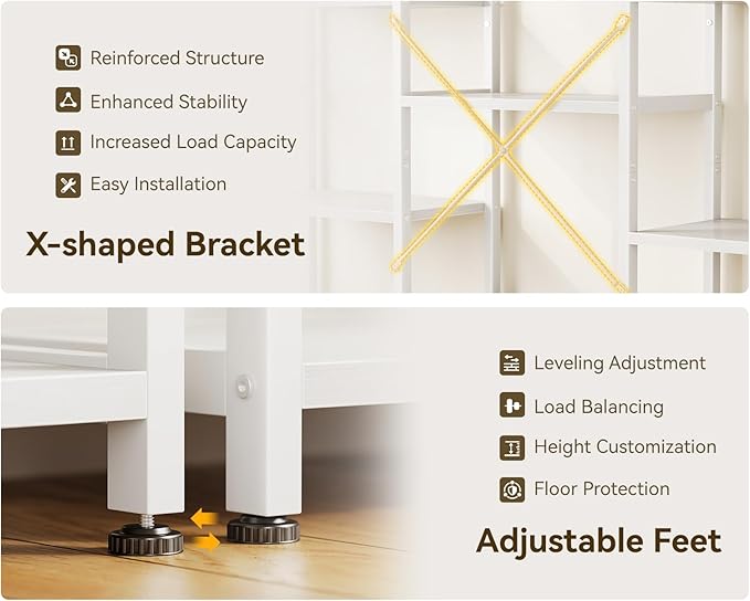 Casaottima Triple 4 Tier Bookshelf, Large Bookcase with 11 Open Display Shelves, Modern Industrial Book Shelves Book Case for Bedroom, Wide Standing Shelving Unit for Living Room Home Office, White