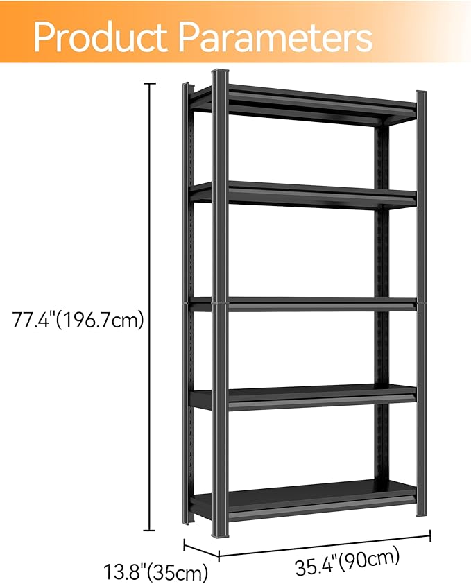 Tall Bookshelf with Open Shelves, Metal Office Book Shelf, Adjustable Organizer Bookcase, Standing Storage Organizer Shelf for Living Room (35.4" W*13.8" D*77.4" H)