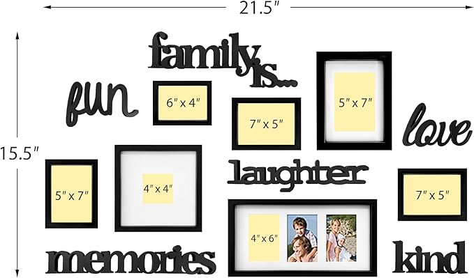 J.M.Deco 13 Pack Photo Frame, 9 Slots Reunion Family Memory Picture Frame Selfie 3D Design Gallery Collage Wall Hanging for 6x4 Photo, 5x7 Photo, 4x4 Photo, Black