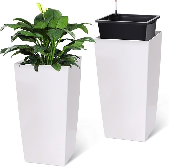 GAOMON 30" Tall Planter Set of 2,Heavy Duty Tall Planter,High Front Porch Planter Pots with Drainage Holes＆Water Level Monitor＆Inner Bucket, Automatic Watering,Indoor/Outdoor Grande Plant,Tree,White…