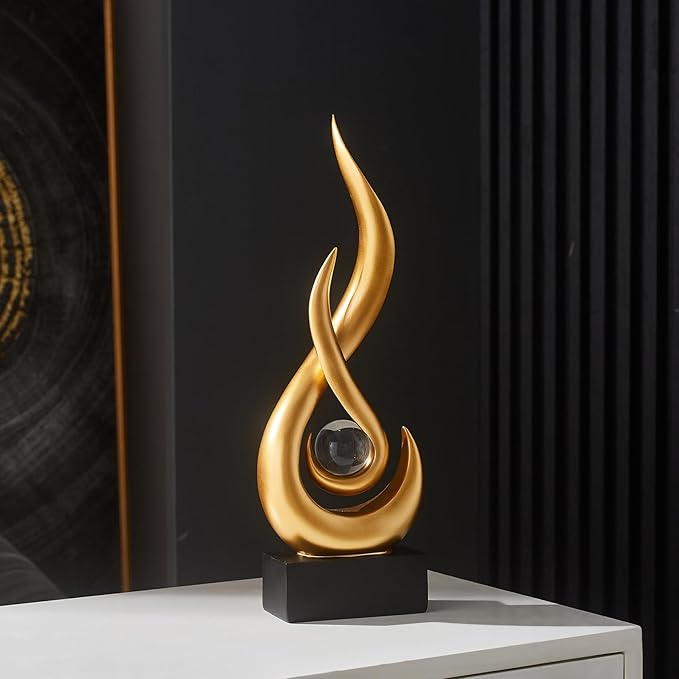 FJS Gold Decor Modern Flame Statue Home Decorations for Living Room, 13.7" H Resin Sculptures Home Décor Accents, Abstract Art Sculpture for Dining Room Office Coffee Table Centerpiece