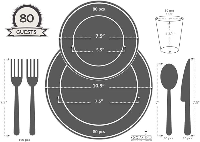 " OCCASIONS " 640pcs set (80 Guests)-Heavyweight Wedding Party Disposable Plastic Plate Set -80 x 10.5'' + 80 x 7.5'' + Silverware + Cups +linen like paper Napkins (Plain Ivory)