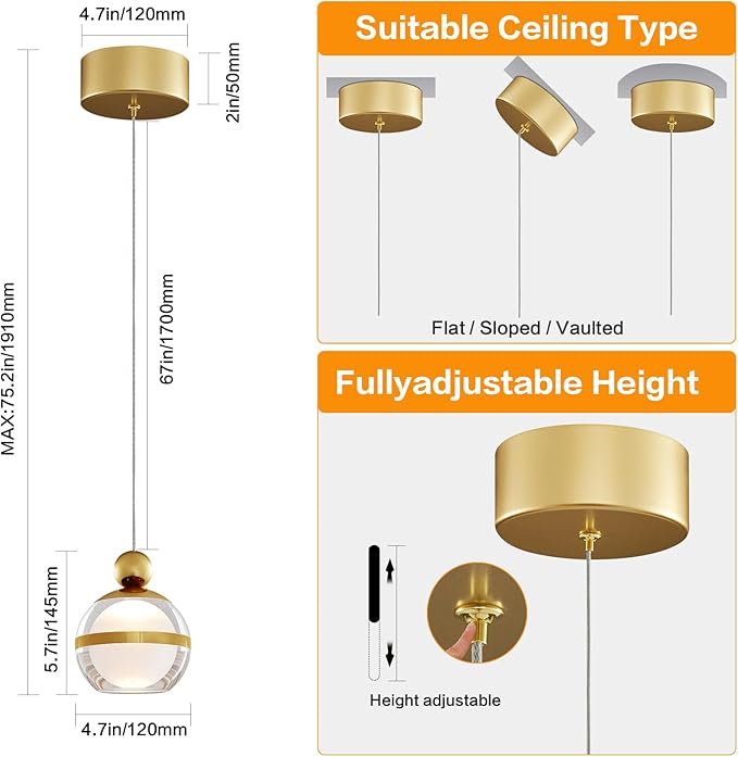 Gold Pendant Lights Kitchen Island Modern LED Ceiling Hanging Pendant Lights Acrylic Globe Pendant Light Fixtures for Dining Room Bedroom Living Room 1-Light