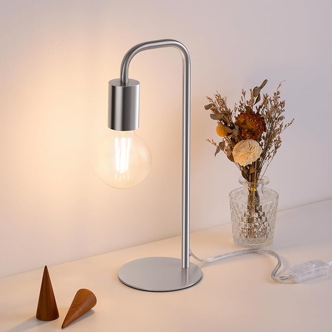 Industrial Table Lamp for Bedroom, Small Side Table Lamp for Nightstand with Wire Switch, E26 Socket Base, Modern Desk Lamp for Living Room, Reading, Office (Bulb Not Included), Silver