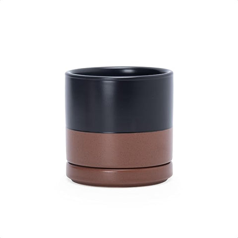 D'vine Dev 3.5 Inch Ceramic Planter Pot with Drainage Hole and Saucer, Indoor Cylinder Round Planter Pot, Black/Speckled Tan, 94-O-A-7