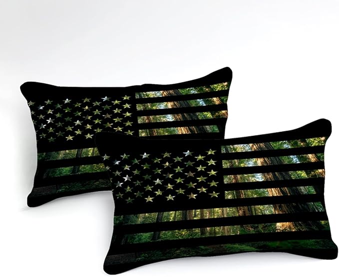 American Flag Comforter Set Queen Size Green Black Bedding Set Stars Stripes Geometric Pattern Green Camouflage Camo Farmhouse Western Bed Comforter Set for Boys Teens