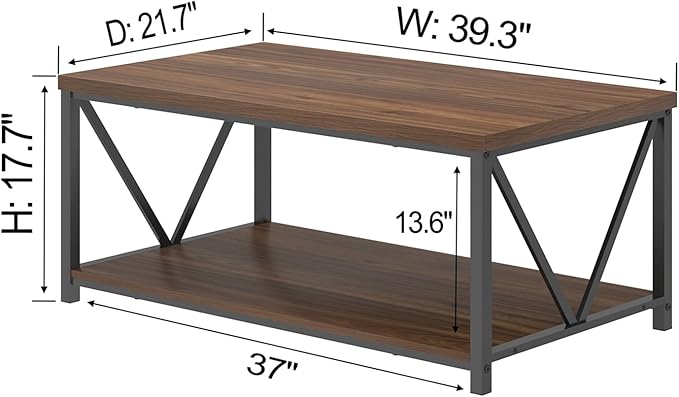 FOLUBAN Coffee Table, Modern Center Table with Storage Shelf, Rustic Wood and Metal Cocktail Table for Living Room, 39.3 Inch Walnut