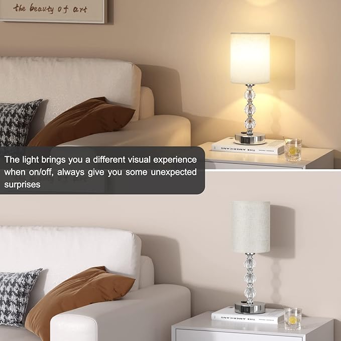 White Touch Bedside Lamps for Bedrooms - Crystal Table Lamp with USB C+A Charging Port and AC Outlet Nightstand, 3 Way Dimmable Silver Small End Side Table Lamp for Living/Guest/Dinning Room/Kitchen