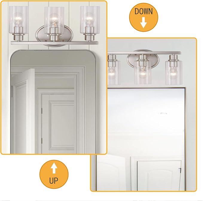 Bathroom Vanity Light Fixtures Over Mirror, Seeded Glass Bathroom Vanity Light, 3 Light Brushed Nickel Bathroom Light Fixtures with Clear Glass, Modern Rustproof Vanity Light Wall Mount
