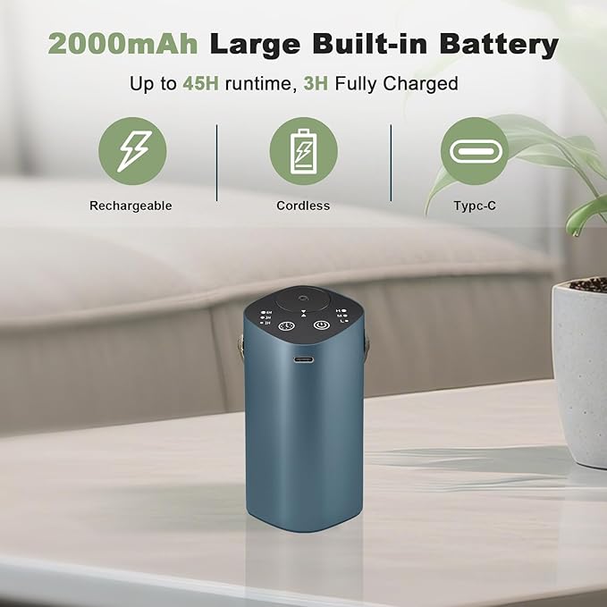 Waterless Essential Oil Diffuser for Car & Home，Aromatherapy Diffuser with 4 Timer（1/3/6/Off,3 Mist Mode,Battery Operated, Scent Air Diffuser for Bathroom Office, Small Aroma Diffuser Greyblue