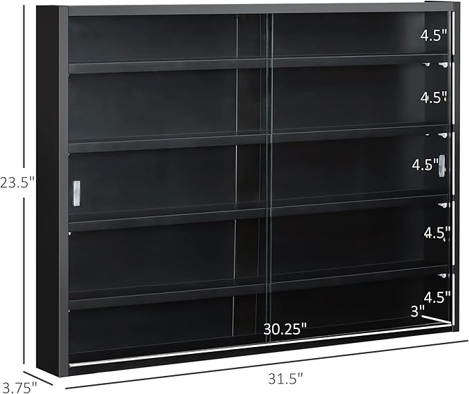 HOMCOM 5-Tier Display Cabinet, Glass Door Cabinet with Adjustable Shelves, Wall-Mounted Display Case for Playroom, Bedroom, Black