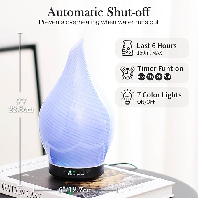 Porseme 150ml Essential Oil Diffuser Glass Color Changing Aroma Air Diffusers Aromatherapy Ultrasonic Cool Mist Humidifier 6 Running Hours Waterless Auto-Off for Sleeping Yoga Office Spa (Pure Purple)