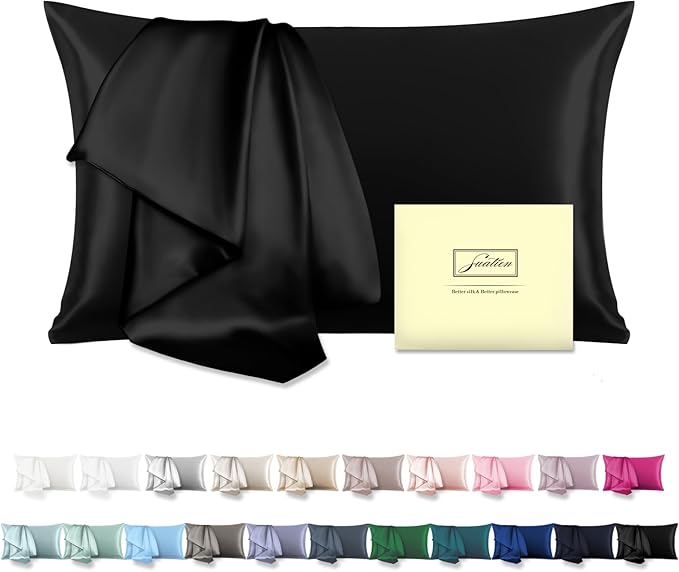 Natural Mulberry Silk Pillowcase with Hidden Zipper for Hair and Skin Standard Size 20"X 26" Soft Breathable Smooth Cooling Pillow Covers for Sleeping(Black,1Pcs)