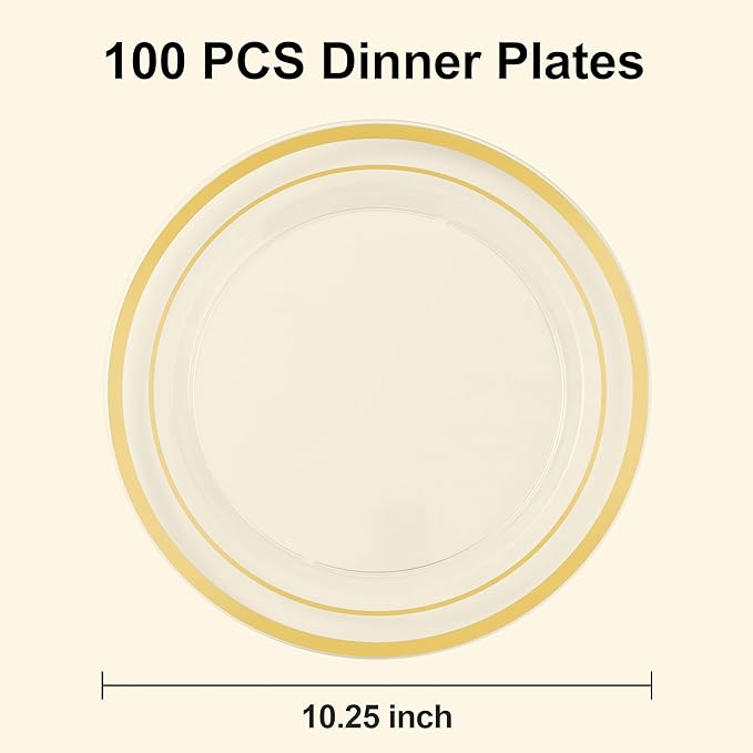 100PCS Clear Plastic Plates for Party, 10.25 Inch Heavy Duty Dinner Plates with Gold Rim, Disposable Plates for Wedding and Birthday