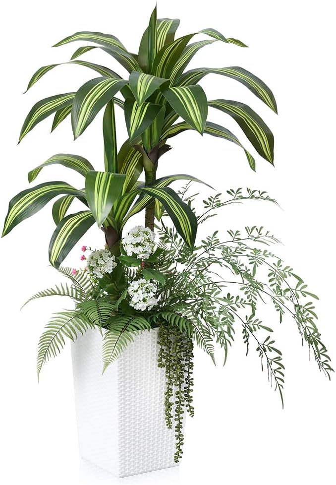Artificial Dracaena Tree 4ft Artificial Plants Indoor UV Resistant, Dracaena Fake Plants with Multiple Plants in White Tall Planter for Indoor Outdoor Decoration (1 Pack)