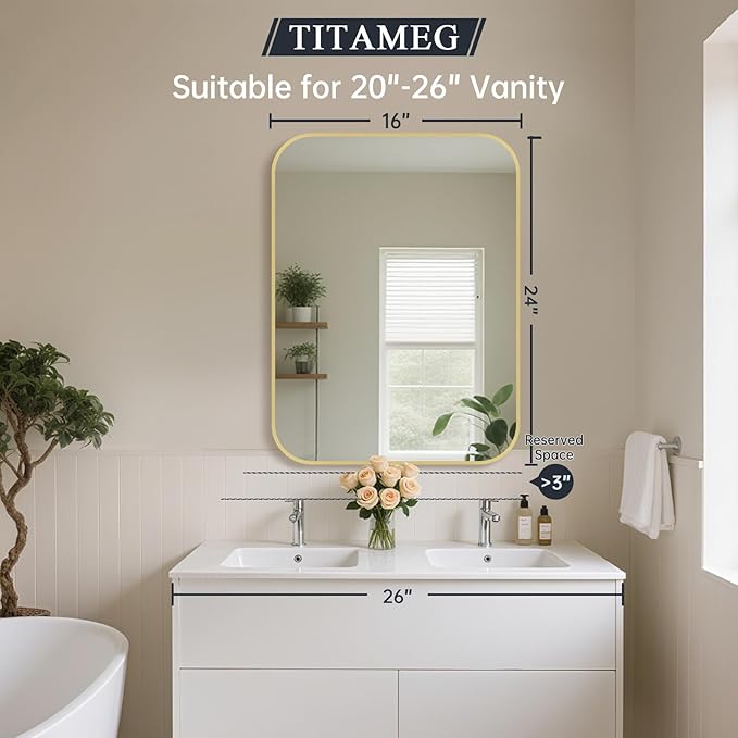 16x24 Inch Bathroom Mirror for Wall,Gold Framed Rectangle Mirror with Rounded Corner,Aluminum Alloy Framed Brushed Wall Mirror for Bedroom or Living Room,Vertical or Horizontal