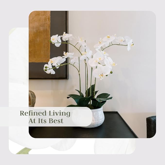 Faux White Orchid Plant, Premium Artificial Indoor Flower Display Stands 23”, Beautiful Sculptural Blooms That Lasts Forever, White Planter Pot Included