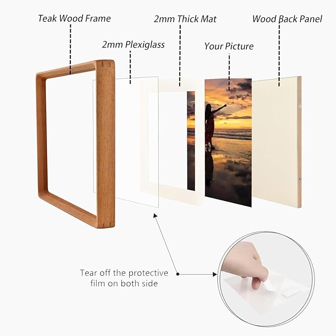 12x18 Picture Frame in Natural Teak Wood, Solid Wooden Photo Frames Matted to 11x17, Gallery Poster Frames for Wall Mount