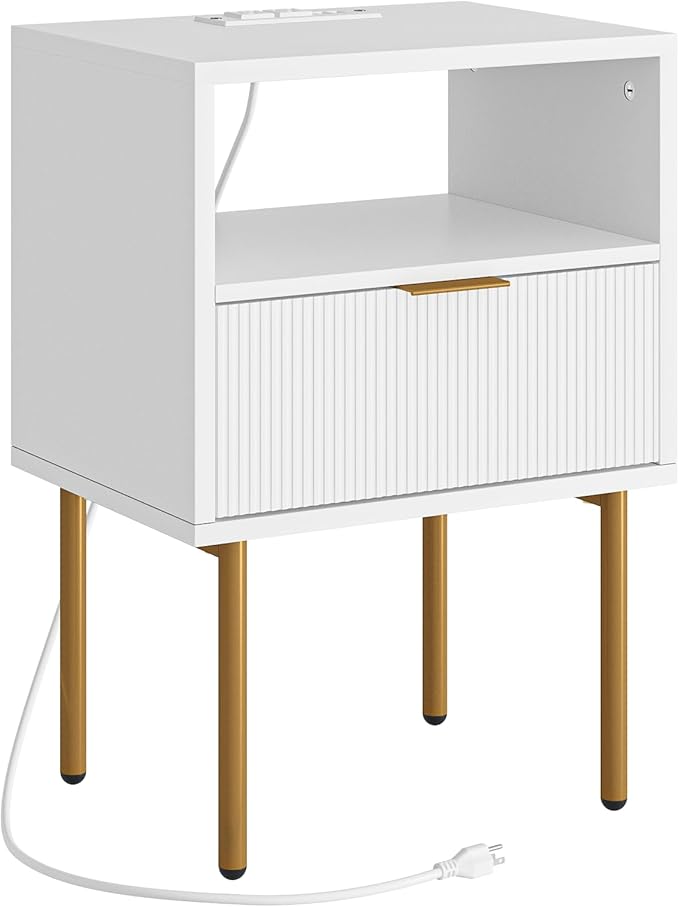 Nightstand with Charging Station,Morden Bedside Table with Gold Frame,Small White Night Stand,End Table,Bedside Furniture,Side Table with Drawer and Shelf for Bedroom,Living Room