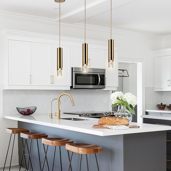 Pendant Lights Kitchen Island, Dimmable Island Cylinder Brass Pendant Light Fixture, 1 Light Bubble Acrylic Small Modern Pendant Lighting for Bedroom Bar, 3000K