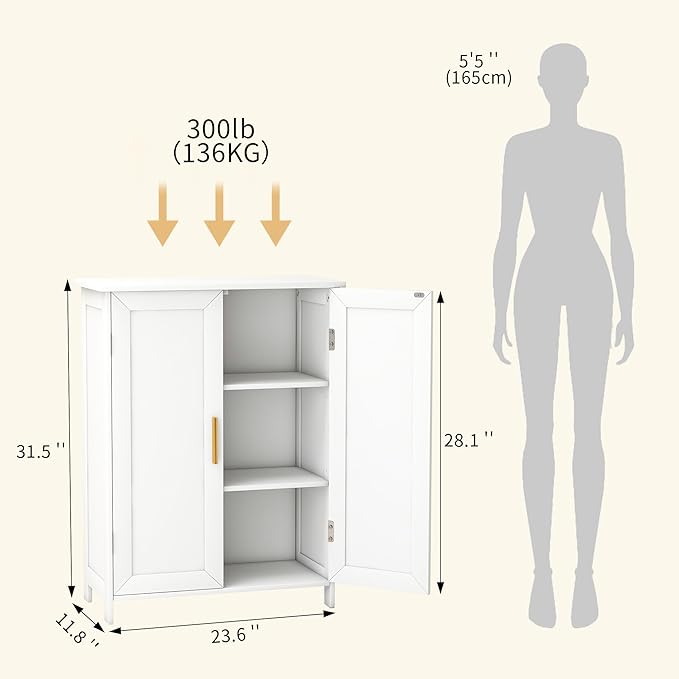 Bathroom Storage Floor Cabinet Freestanding Organizer with Adjustable Shelves for Bathroom Bedroom Laundry Room,2 Doors