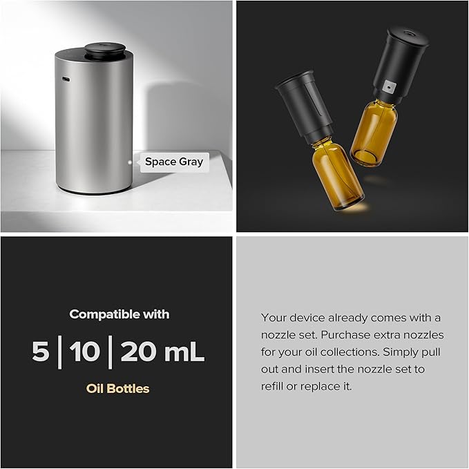 Waterless Essential Oil Diffuser for Home Aromatherapy Scent Diffusers with 3 Countdown Timer Settings or Timer-Off, 3 Mist Levels for Car Room Studio Office, ANX Premium Metal Spce Grey