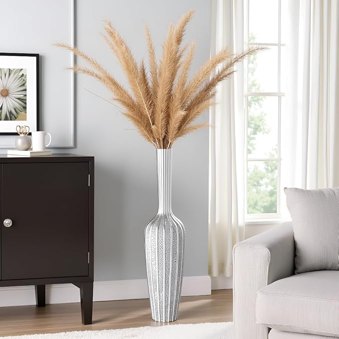 Elegant Silver Floor Vase - 23.62 Inch Tall Decorative Vase for Dried Flowers & Home Décor, Resin Tall Floor Vase
