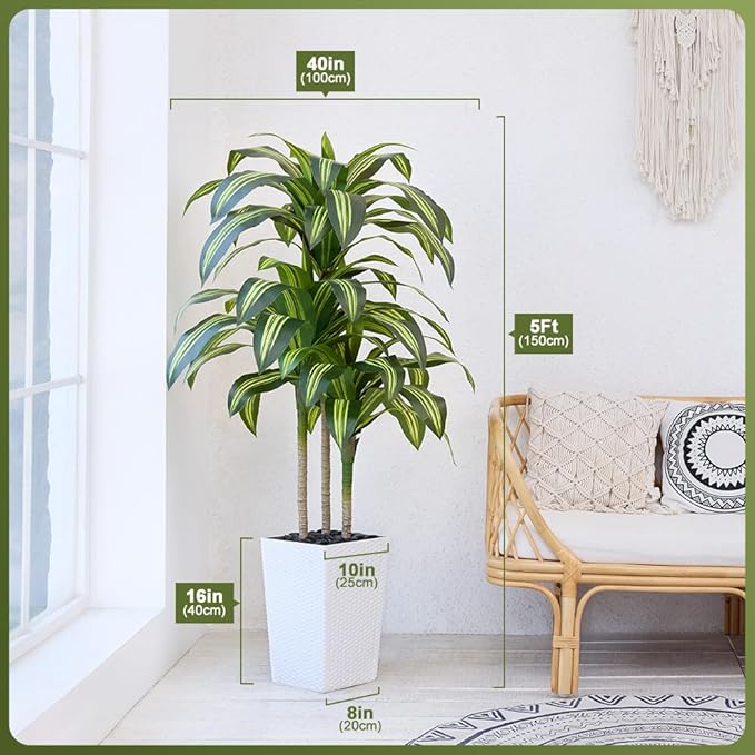 Artificial Dracaena Tree 5FT - UV Resistant Faux Tree with Large Taper Planter & Pebbles - Tall Fake Plants Indoor & Outdoor, Potted Floor Plant for Home Living Room Porch Decor, VN127