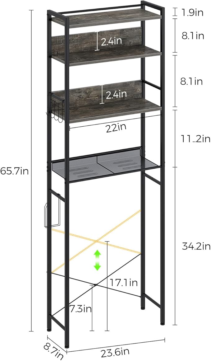 Rolanstar Over The Toilet Storage 4-Tier, Freestanding Bathroom Organizer, Sturdy Behind Toilet Rack with Hooks, Space-Saving Design, Fits Most Toilets, Gray