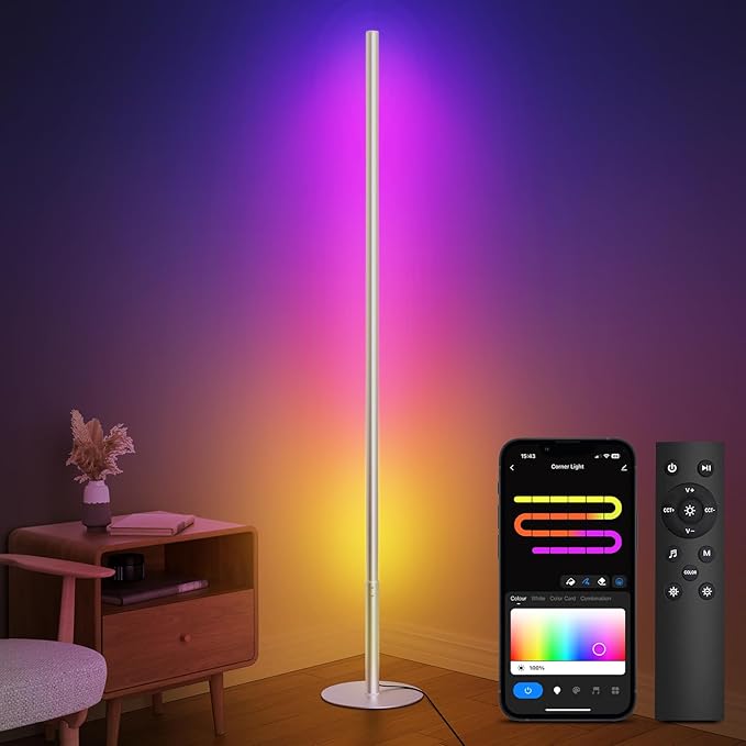 RGBW Floor Lamp, Smart LED Corner Lamp with WiFi APP Remote Control, Compatible with Alexa, 2700k-6500k Color Changing Standing Lamp for Bedroom Game Room, Modern Floor Lamp for Living Room Silver