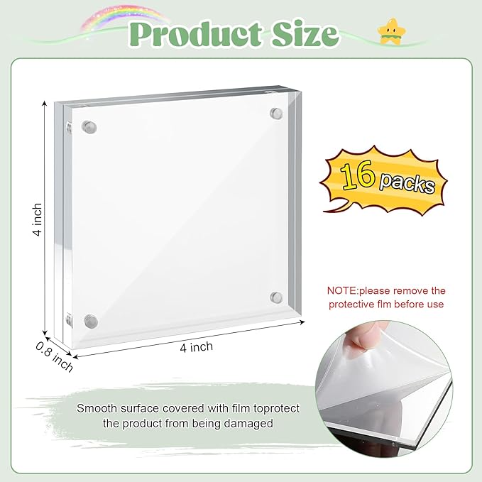 24 Pcs Acrylic Picture Frames, Clear Picture Frames Frameless Magnetic Picture Frame Double Sided Magnetic Photo Frame Free Standing Desktop Display Stand for Bedroom Living Room Home (Transparent, 4X4)